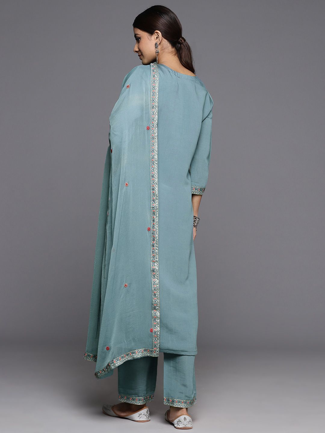 Indyancart VA Women's Floral Embroidered Regular Sequined Kurta with Trousers & Dupatta