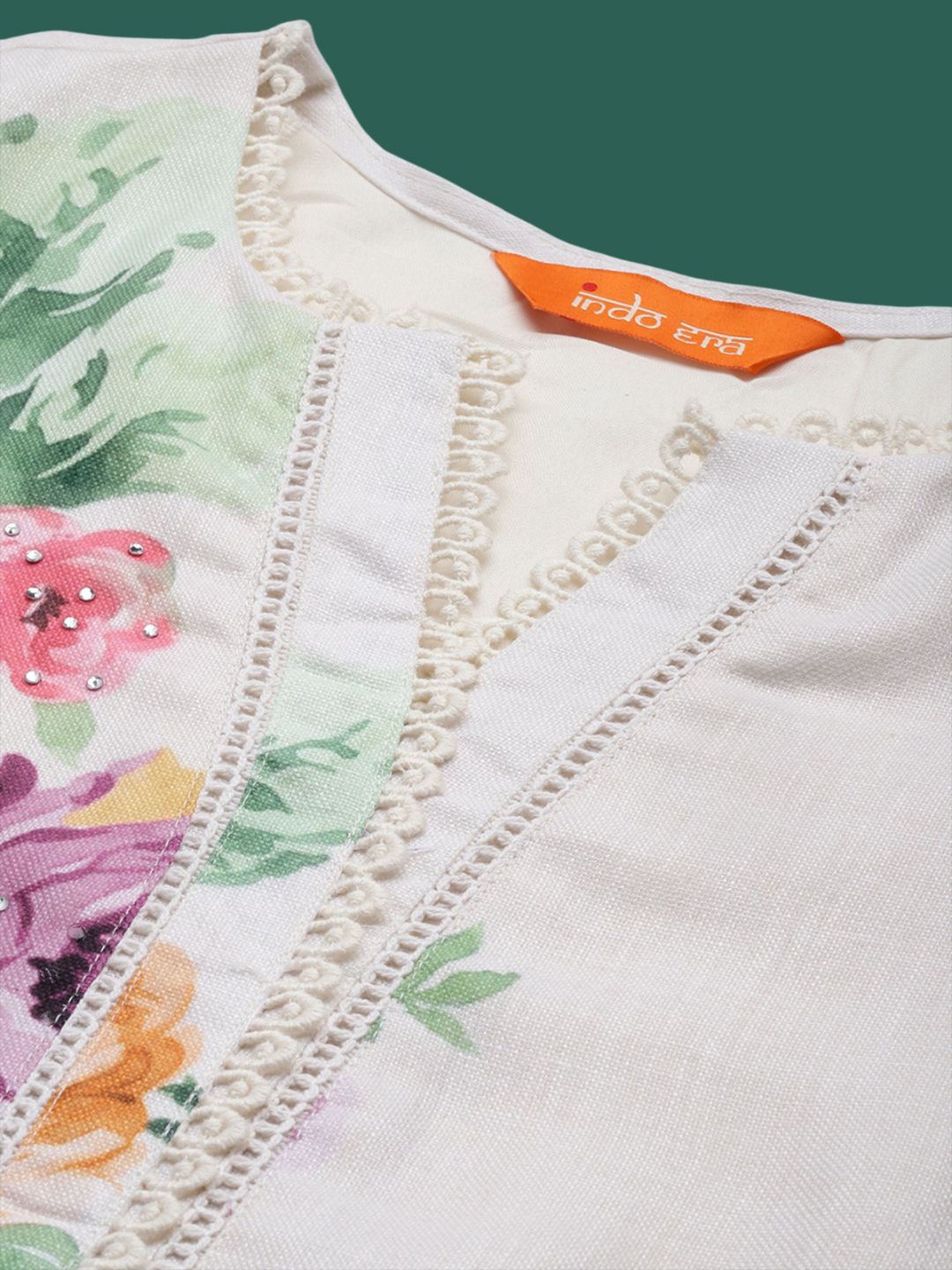 Indyancart IE Floral Printed Straight Beads and Stones Linen Kurta With Trousers And Dupatta