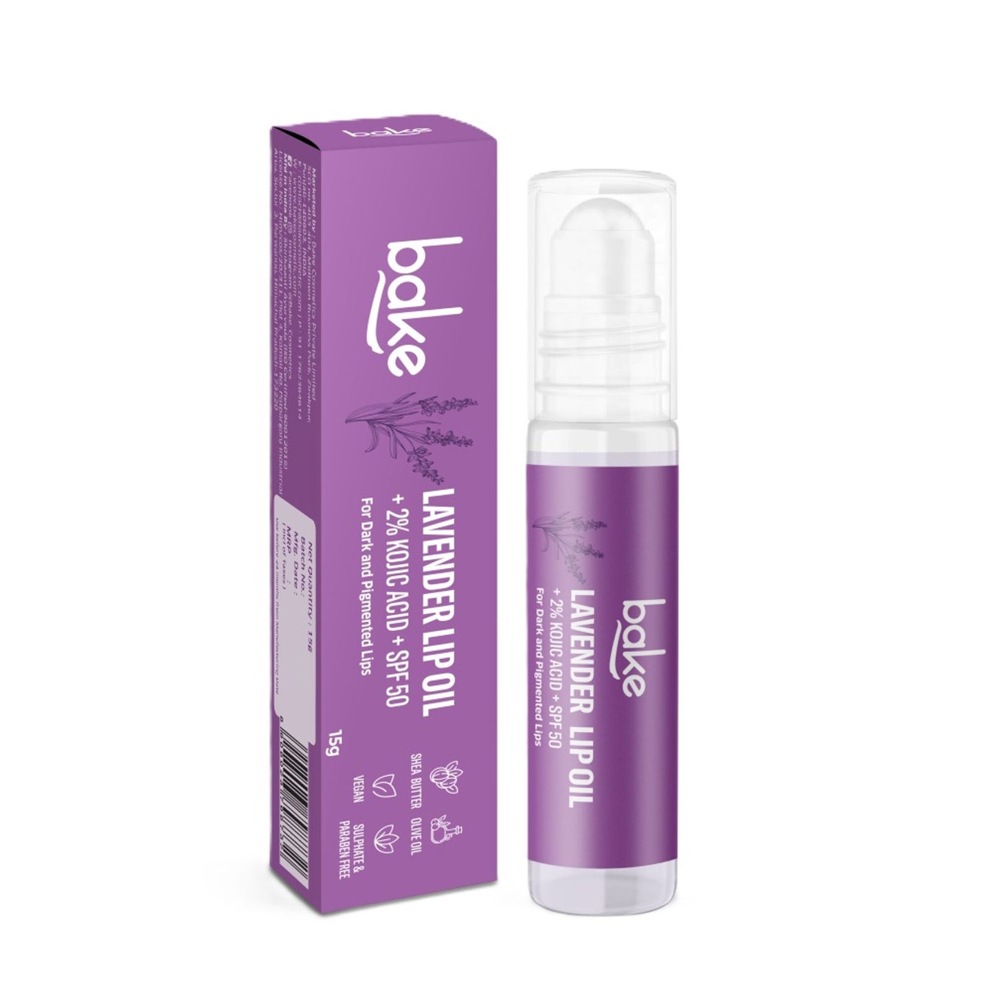 BAKE 2% Kojic Acid Lavender Lip Balm Oil SPF 50 PA+++ for Dark, Chapped & Pigmented Lips