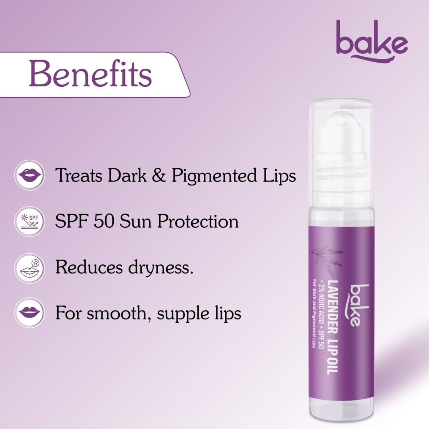 BAKE 2% Kojic Acid Lavender Lip Balm Oil SPF 50 PA+++ for Dark, Chapped & Pigmented Lips