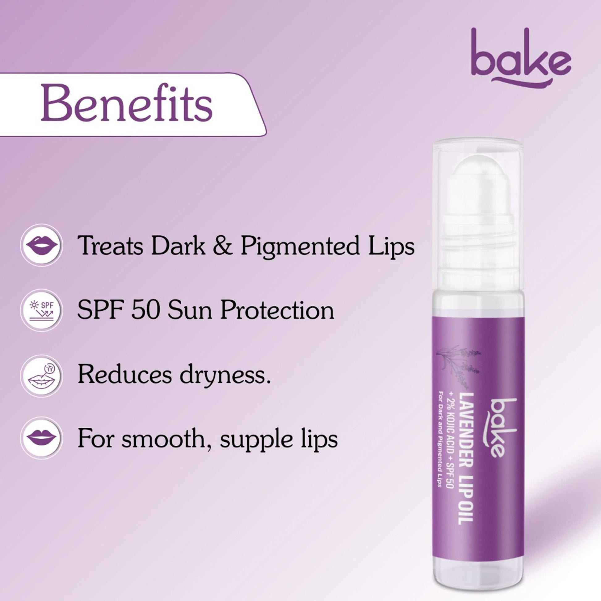 BAKE 2% Kojic Acid Lavender Lip Balm Oil SPF 50 PA+++ for Dark, Chapped & Pigmented Lips