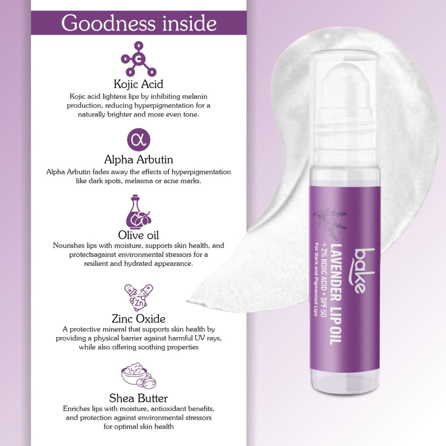 BAKE 2% Kojic Acid Lavender Lip Balm Oil SPF 50 PA+++ for Dark, Chapped & Pigmented Lips