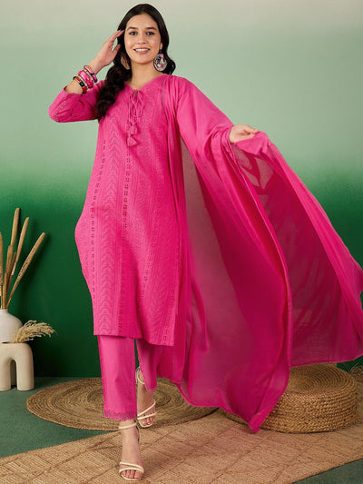 Indyancart SN Women's Self Design Schiffli Tie-Up Neck Pure Cotton Kurta With Trousers & Dupatta