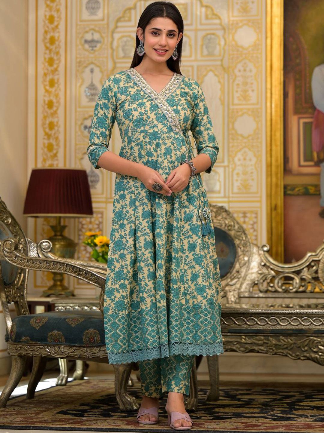 Indyancart VA Women'sEthnic Motifs Printed Mirror Work Pure Cotton Kurta with Trousers & Dupatta