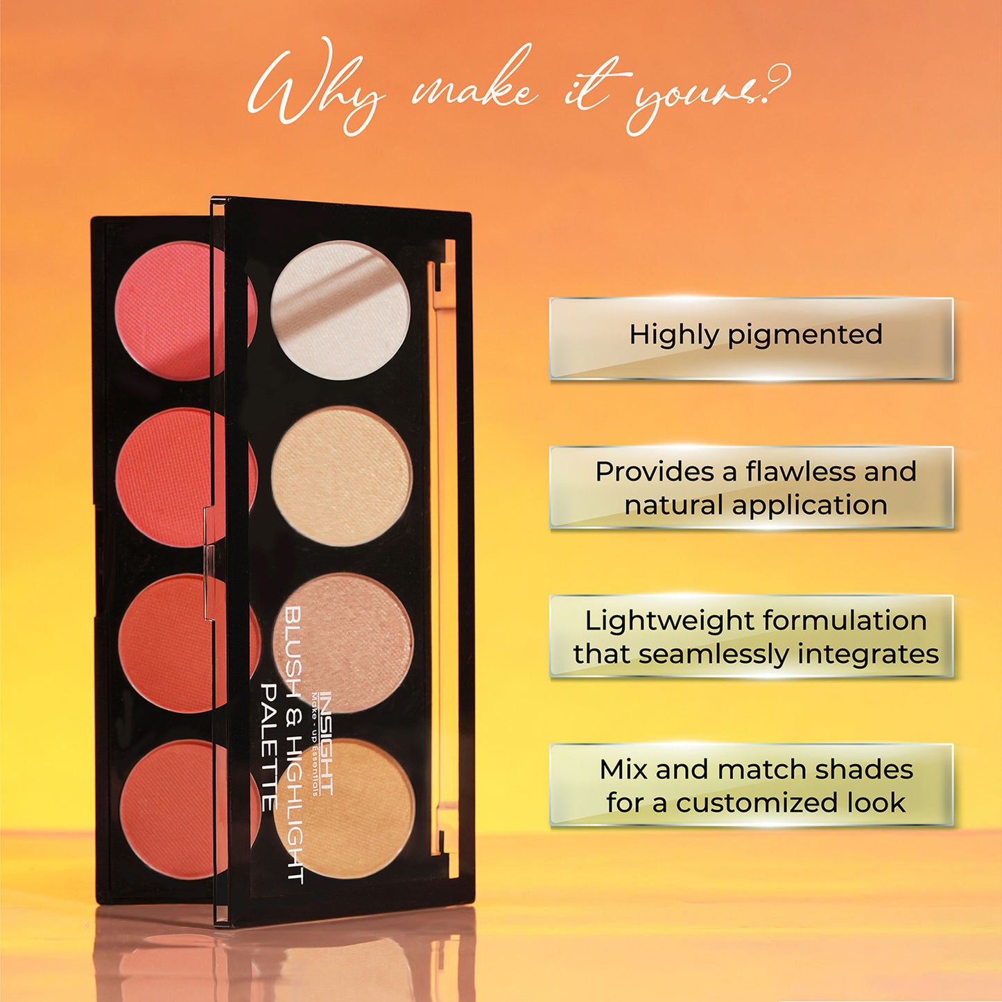 Insight Cosmetics Blush & Highlight Palette, 2 In 1 Intense Pigment, Lightweight Formula