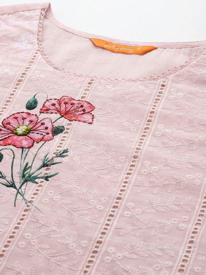 Indyancart IE Floral Embroidered Regular Thread Work Pure Cotton Kurta With Trousers & Dupatta