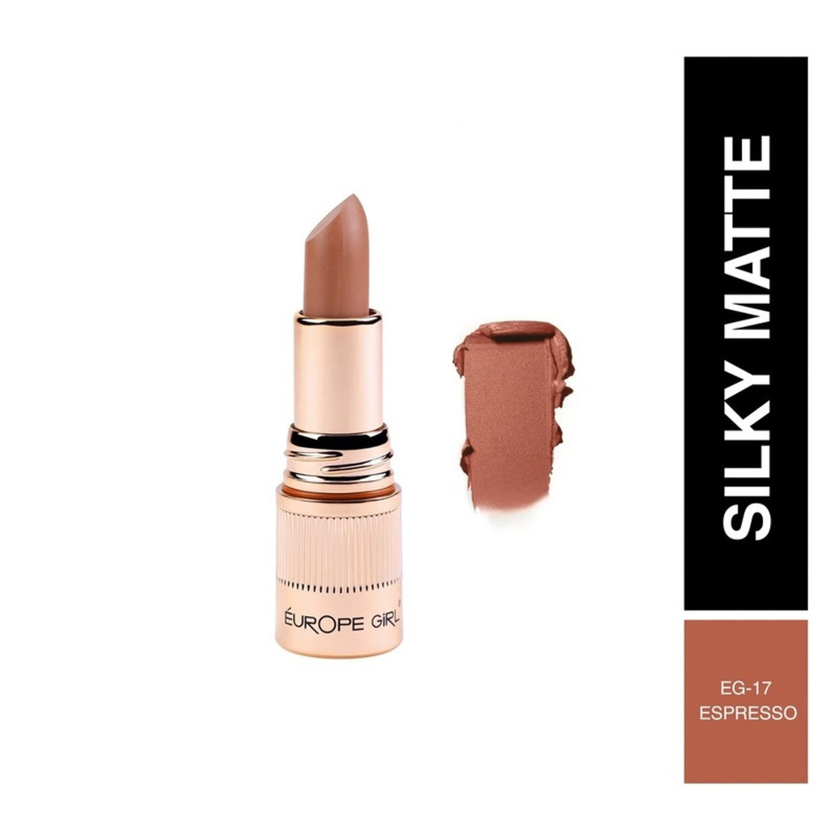 Europe Girl Silky Matte Lipstick in EG-17 Espresso, featuring a sleek lipstick tube and the rich espresso shade.