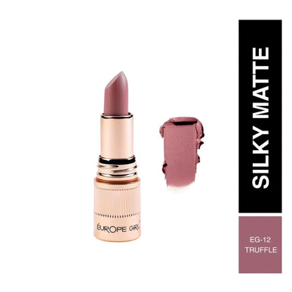 Europe Girl Silky Matte Lipstick in EG-12 Truffle, showing the lipstick tube and swatched color on skin for a smooth matte finish.