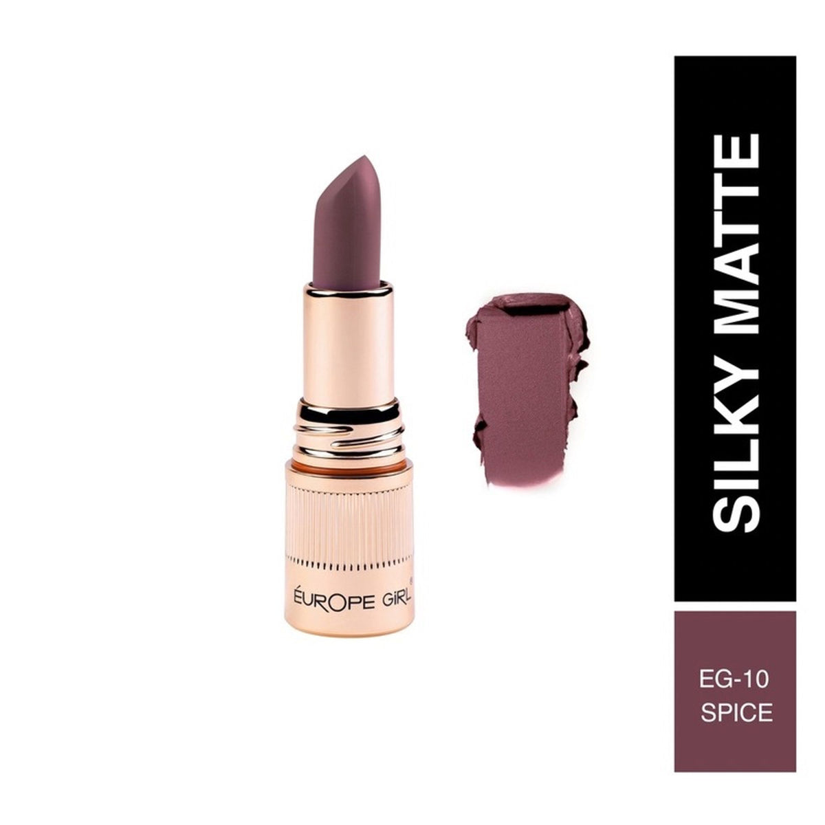 Europe Girl Silky Matte Lipstick EG-10 Spice, showing a close-up of the warm-toned lipstick in a sleek tube.