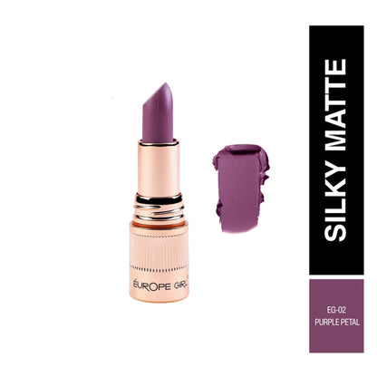 Europe Girl Silky Matte Lipstick in EG-02 Purple Petal, showcasing the rich purple shade and sleek packaging.