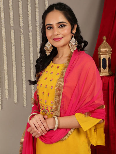 Indyancart VA Women'sFloral Embroidered Yoke Design Kurta with Trousers & With Dupatta