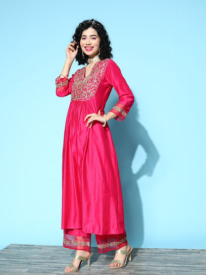 Indyancart IE Women Fuchsia Ethnic Motifs Embroidered Kurta with Palazzos & With Dupatta