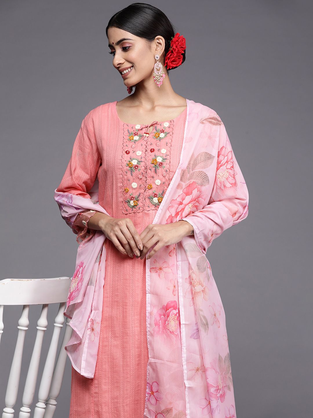 Indyancart IE Women Pink Floral Yoke Design Thread Work Kurta with Trousers & With Dupatta