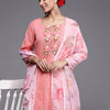 Indyancart IE Women Pink Floral Yoke Design Thread Work Kurta with Trousers & With Dupatta