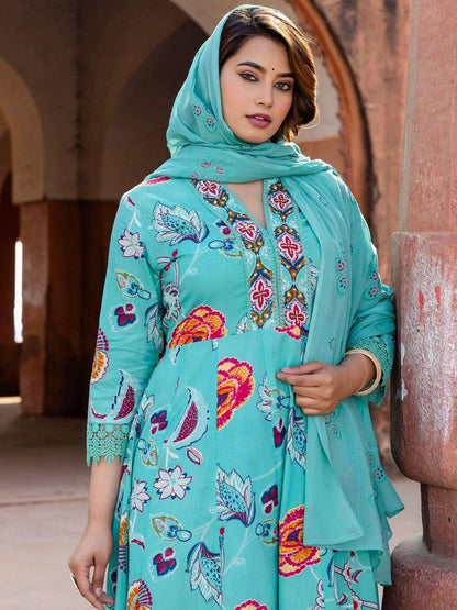 Women Floral Printed Beads and Stones Pure Cotton Kurta with Trousers & Dupatta