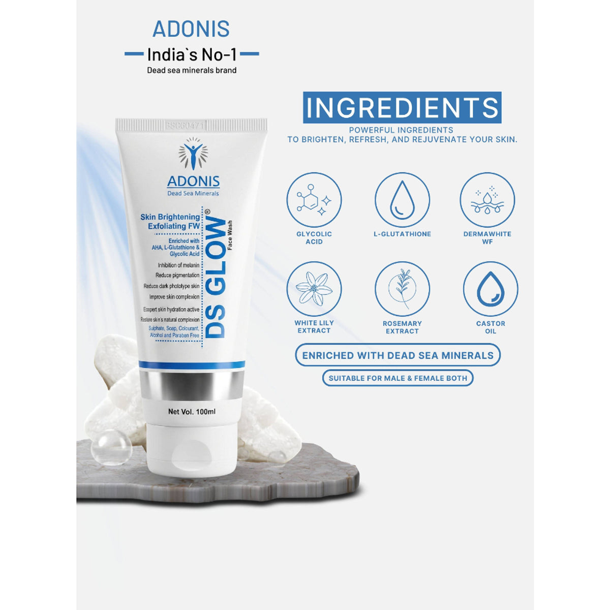 Adonis Unisex Ds Glow Face Wash Cleanser With Glutathione & Glycolic Acid For Brightening & Radiance