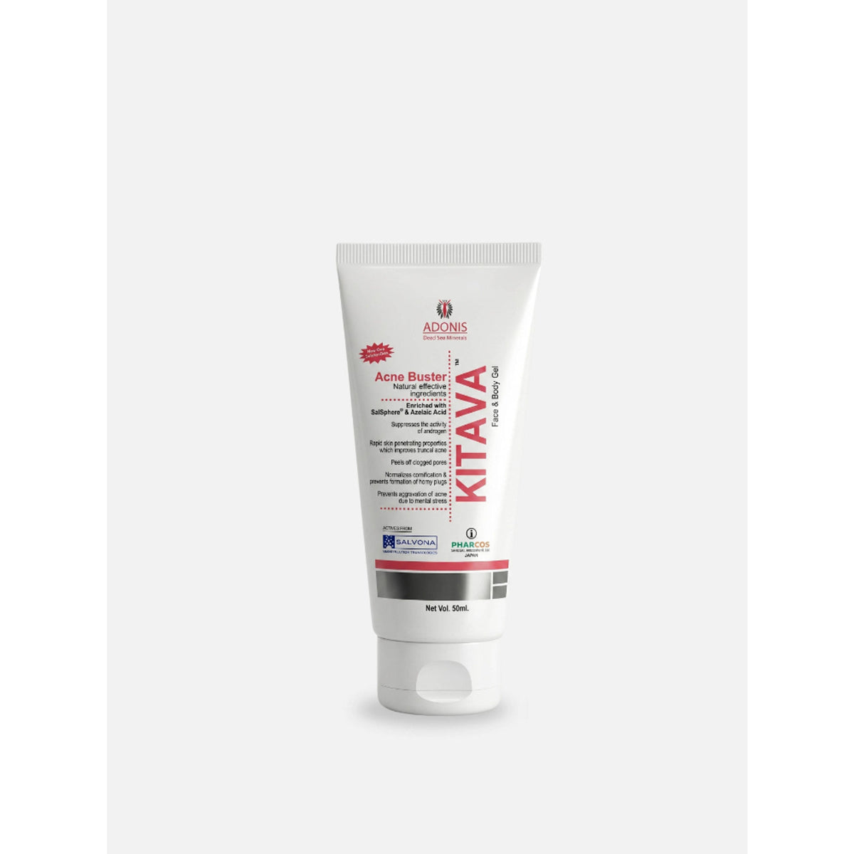 ADONIS Kitava Acne treatment gel with tea tree and aloe vera for clear, healthy skin in a unisex skincare tube.