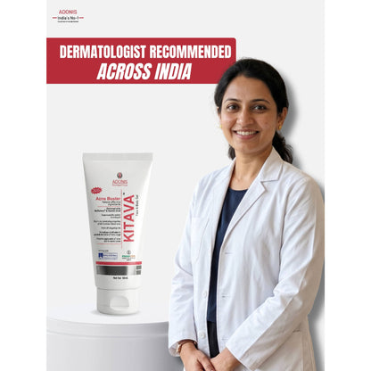 ADONIS Kitava Gel acne treatment with tea tree and aloe vera for clear, healthy skin, shown in a sleek tube against a neutral background.