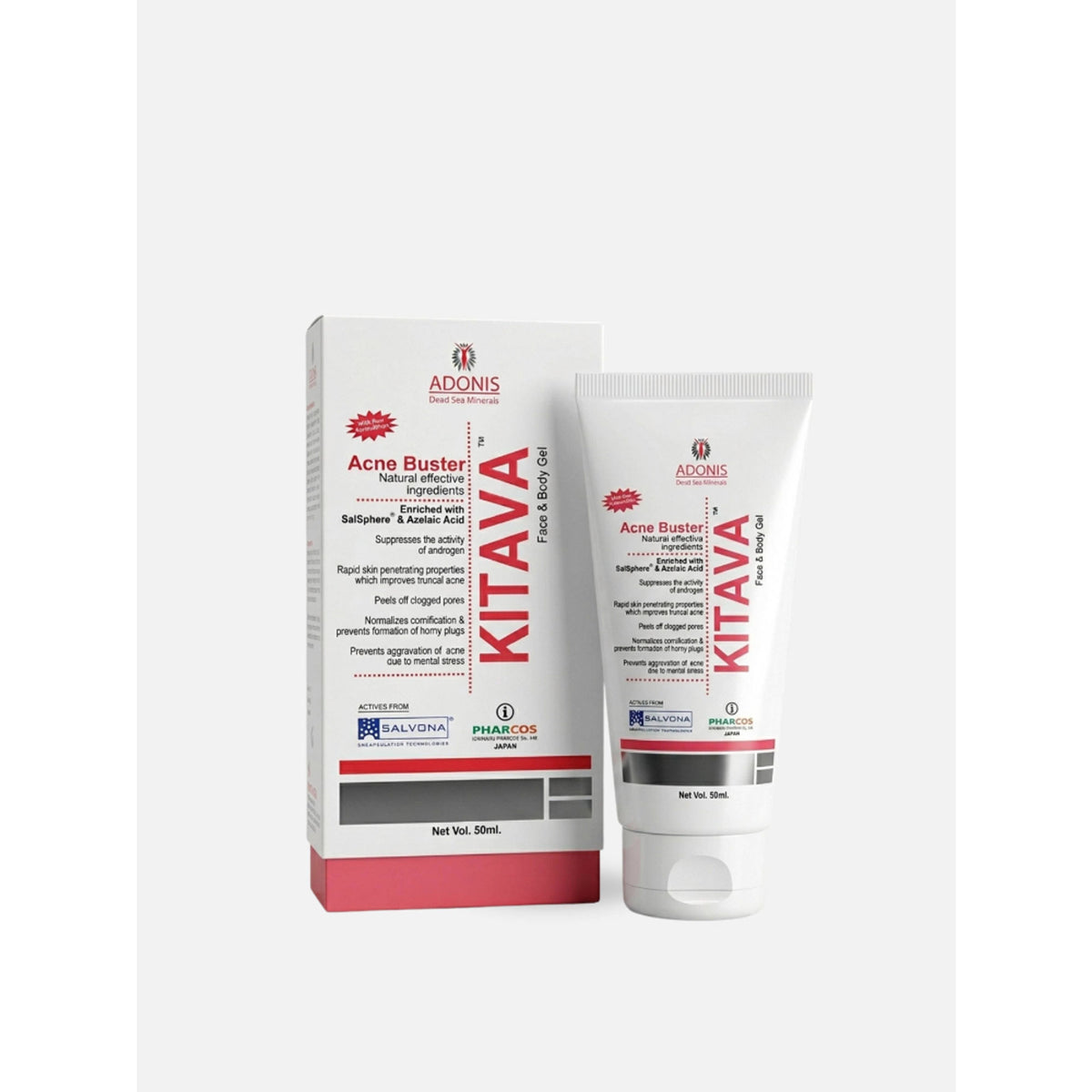 ADONIS Kitava Gel acne treatment with tea tree and aloe vera for clear, healthy skin, displayed in a tube or container.