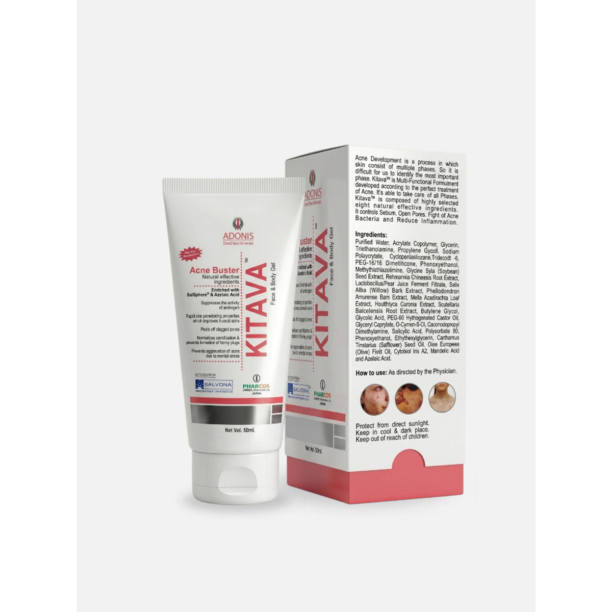 ADONIS Kitava Gel acne treatment with tea tree and aloe vera for clear, healthy skin, shown in a tube with natural ingredients