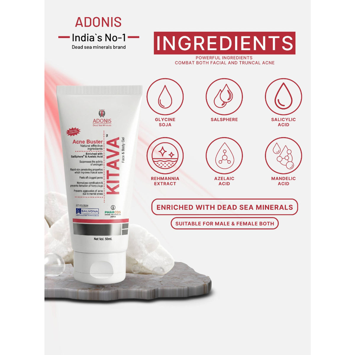 ADONIS Kitava acne treatment gel with tea tree and aloe vera for clear, healthy skin in a unisex tube.