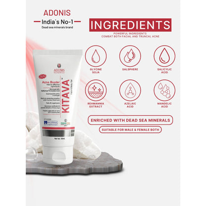 ADONIS Kitava acne treatment gel with tea tree and aloe vera for clear, healthy skin in a unisex tube.