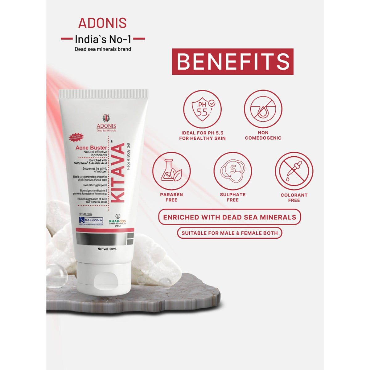ADONIS Kitava Gel acne treatment with tea tree and aloe vera for clear, healthy skin in a unisex skincare product.
