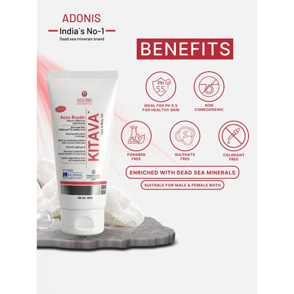 ADONIS Kitava Gel acne treatment with tea tree and aloe vera for clear, healthy skin in a unisex skincare product.