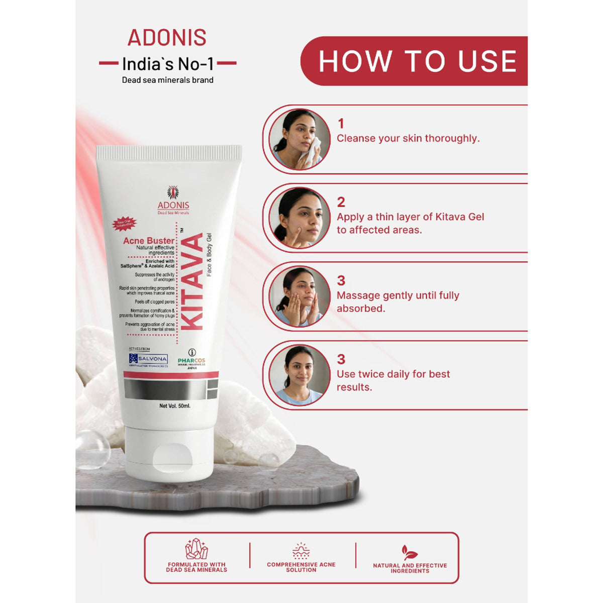 ADONIS Kitava Acne treatment gel with tea tree and aloe vera for clear skin and acne control, shown in a tube with natural ingredients.