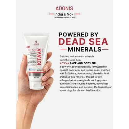 ADONIS Kitava acne treatment gel with tea tree and aloe vera for clear skin and acne control, shown in a tube with natural ingredients.