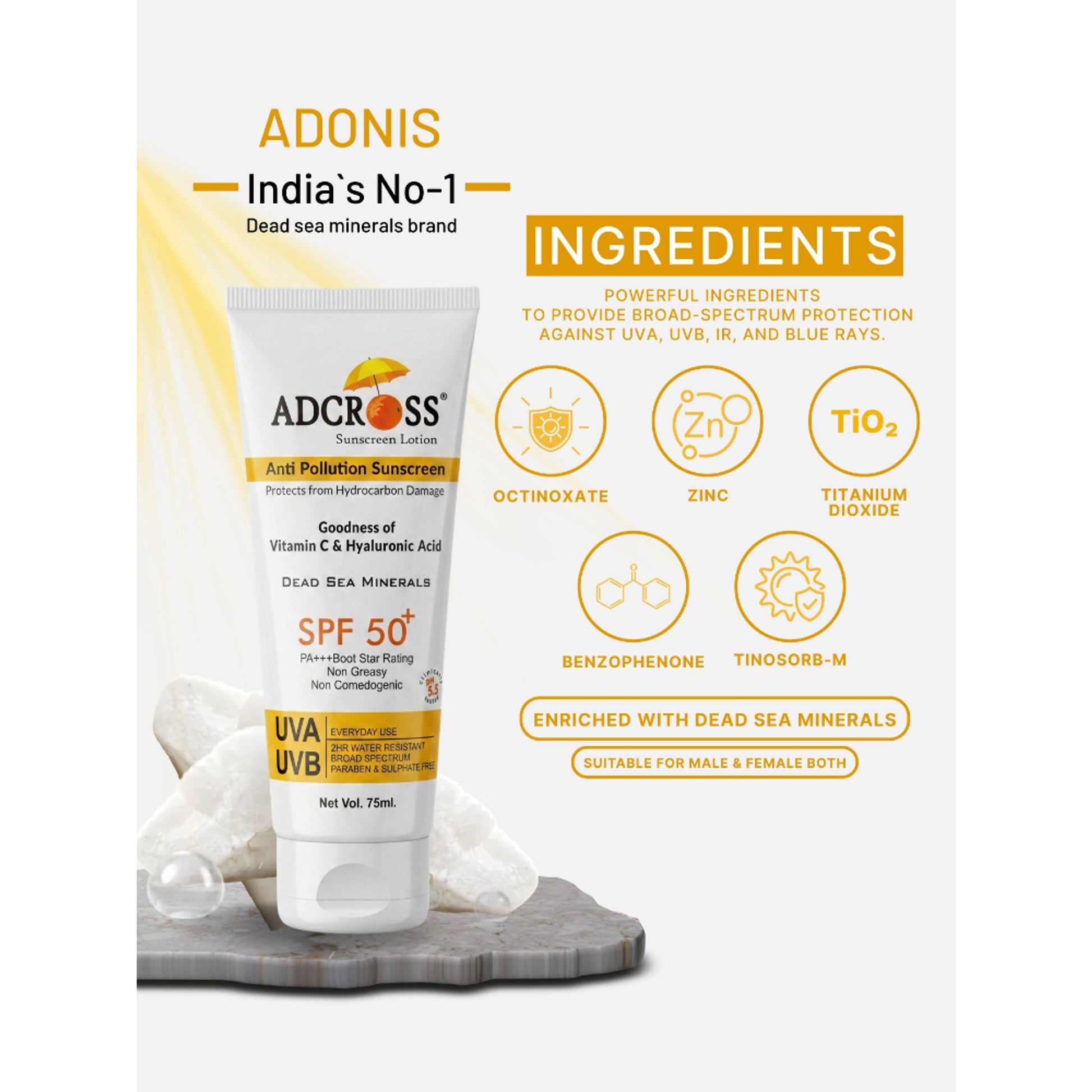 Adonis Unisex Adcross Sunscreen Lotion Spf 50 With Vitamin C&E For Uv Protection & Skin Nourishment