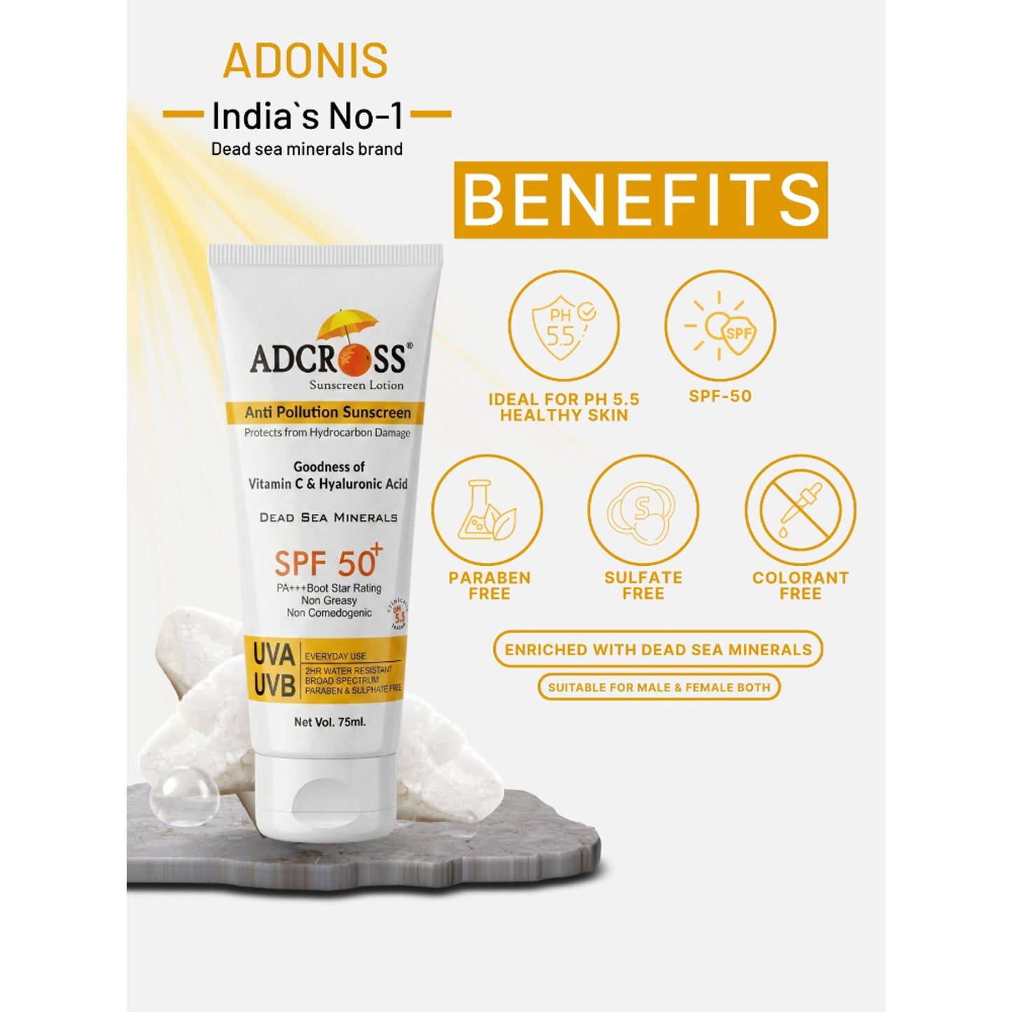 Adonis Unisex Adcross Sunscreen Lotion Spf 50 With Vitamin C&E For Uv Protection & Skin Nourishment