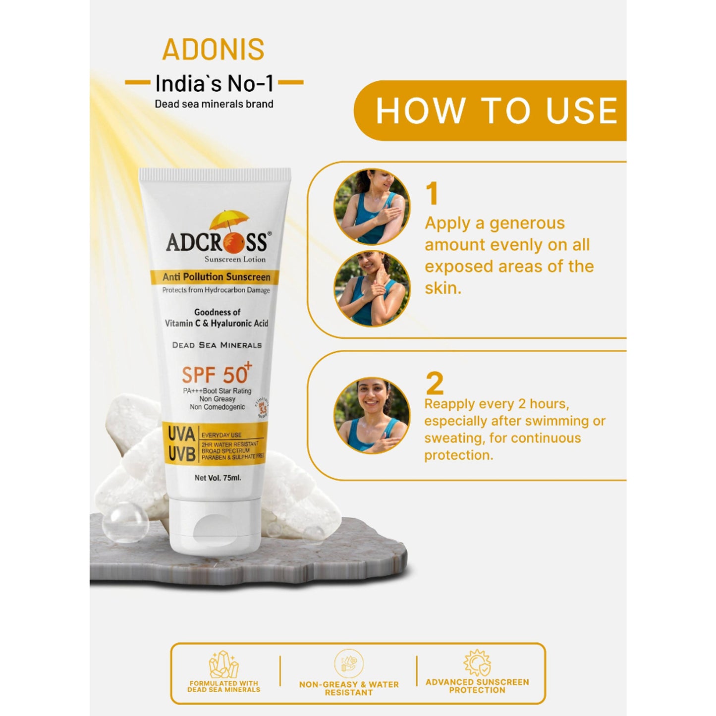 Adonis Unisex Adcross Sunscreen Lotion Spf 50 With Vitamin C&E For Uv Protection & Skin Nourishment