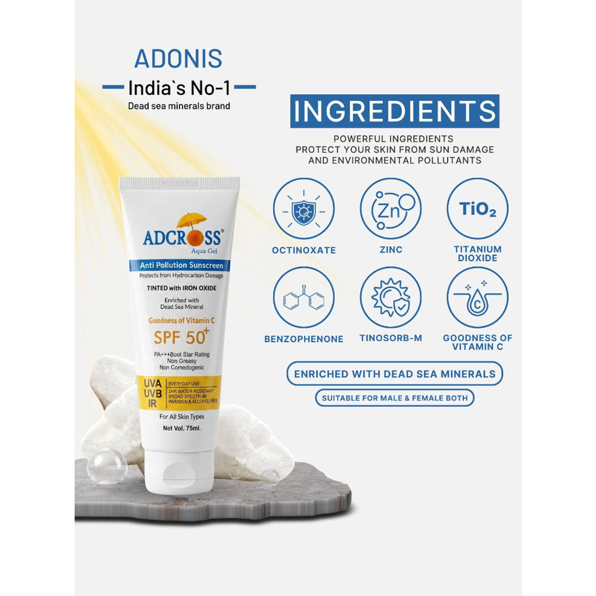 Adonis Unisex Adcross Aqua Gel Sunscreen With SPF 50+ & Iron Oxide For UV Protection, Anti Pollution