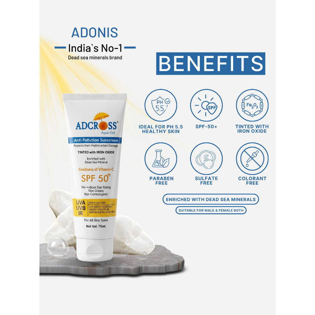 Adonis Unisex Adcross Aqua Gel Sunscreen With SPF 50+ & Iron Oxide For UV Protection, Anti Pollution