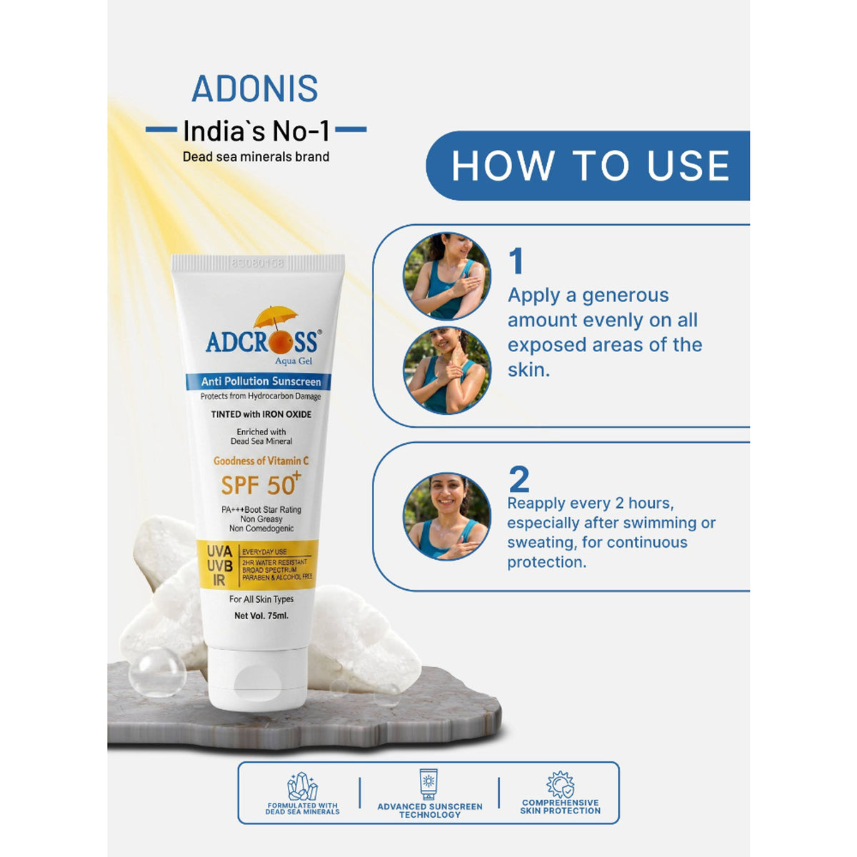 Adonis Unisex Adcross Aqua Gel Sunscreen With SPF 50+ & Iron Oxide For UV Protection, Anti Pollution