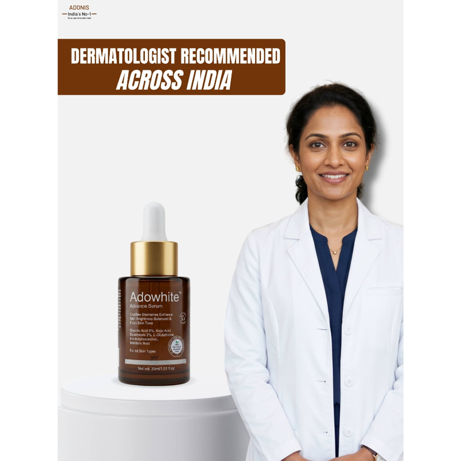 Adonis Unisex Adowhite Advance Face Serum With Kojic Acid & Glutathione For Pigmentation-Brightening