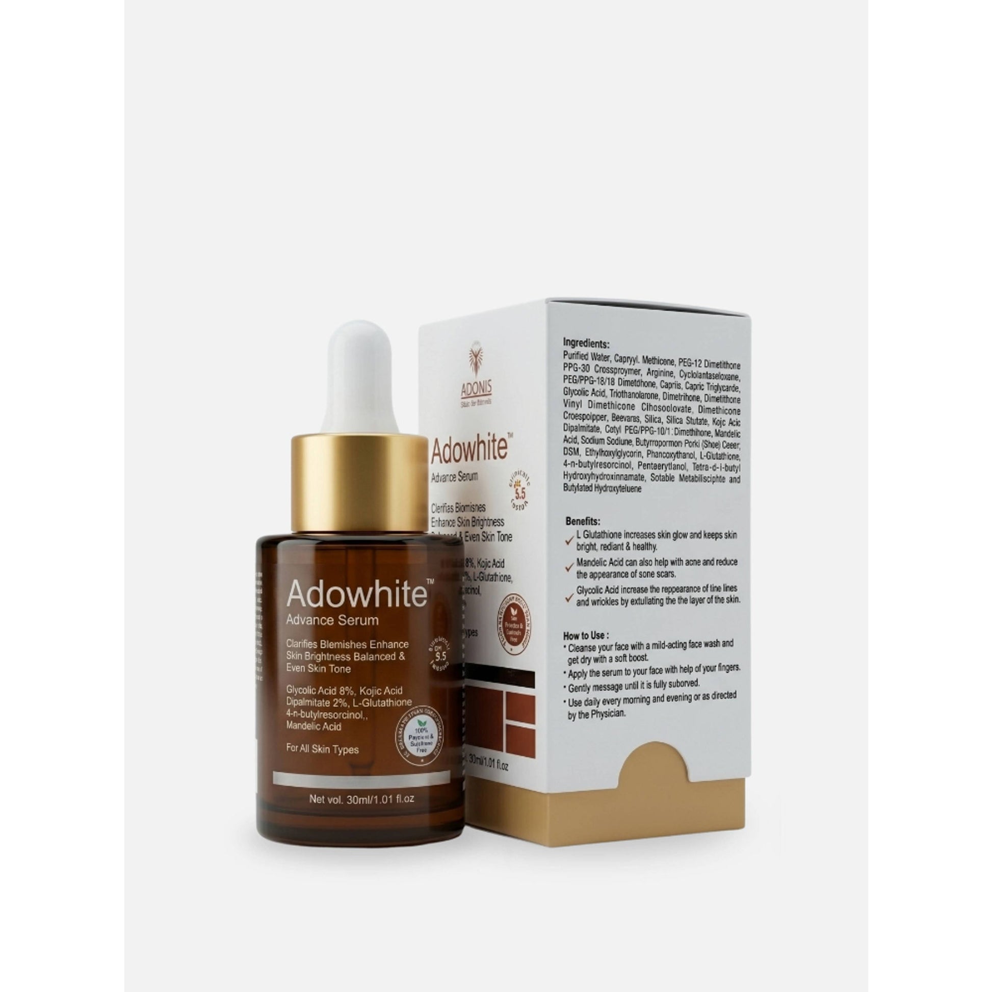 Adonis Unisex Adowhite Advance Face Serum With Kojic Acid & Glutathione For Pigmentation-Brightening