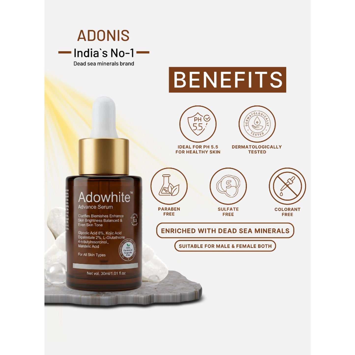 Adonis Unisex Adowhite Advance Face Serum With Kojic Acid & Glutathione For Pigmentation-Brightening