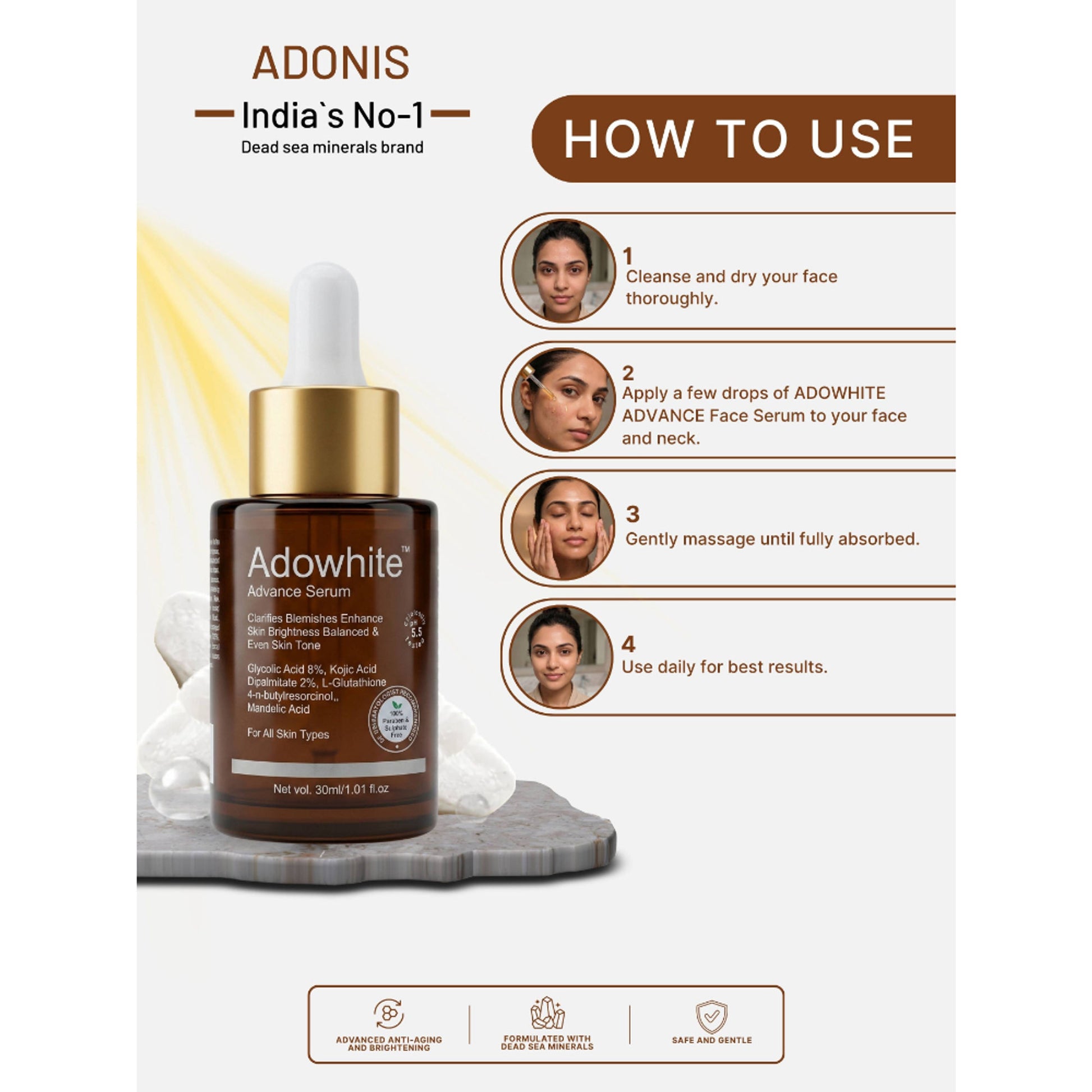 Adonis Unisex Adowhite Advance Face Serum With Kojic Acid & Glutathione For Pigmentation-Brightening