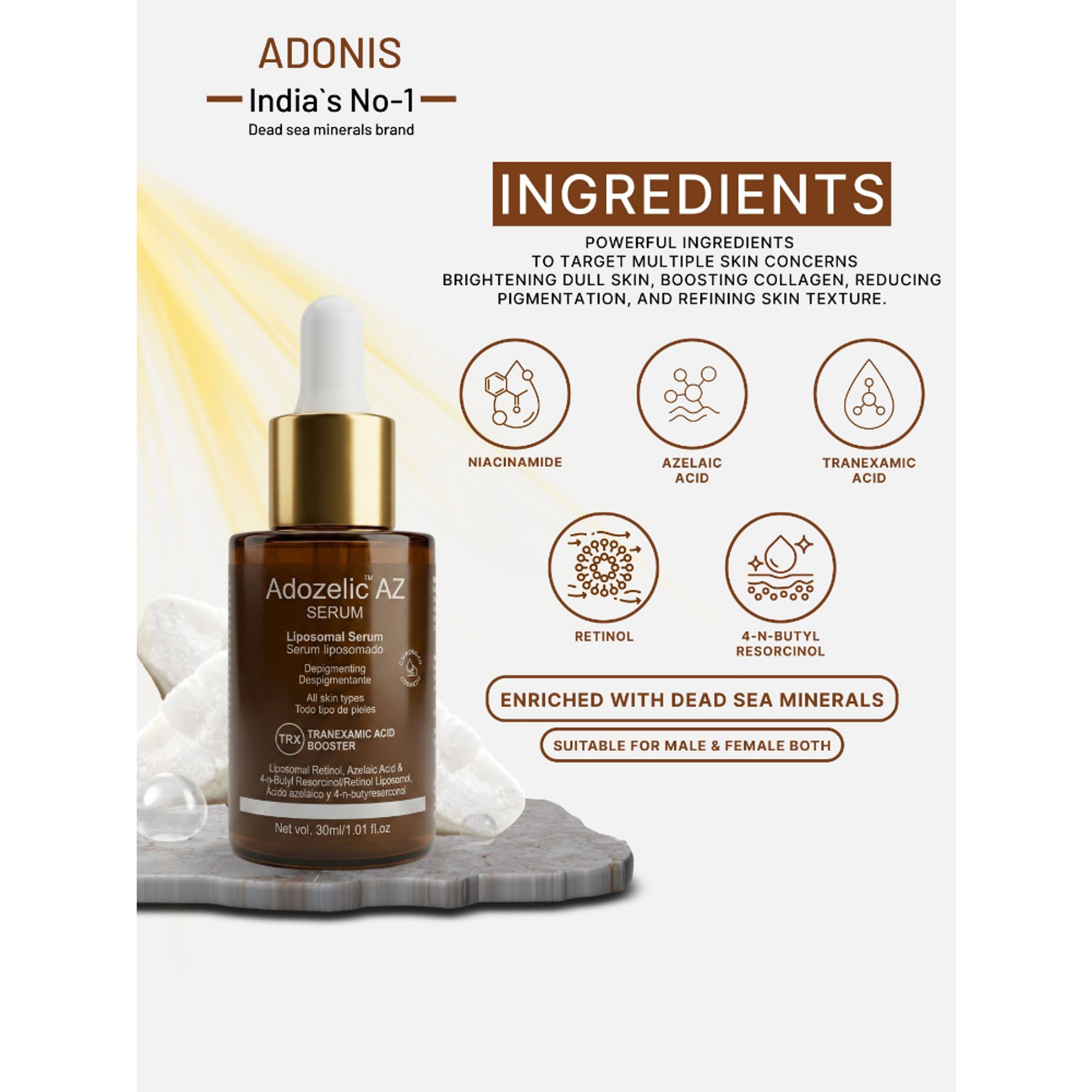 Adonis Unisex Adozelic AZ Face Serum with Azelaic Acid & Niacinamide for Pigmentation & Even Tone