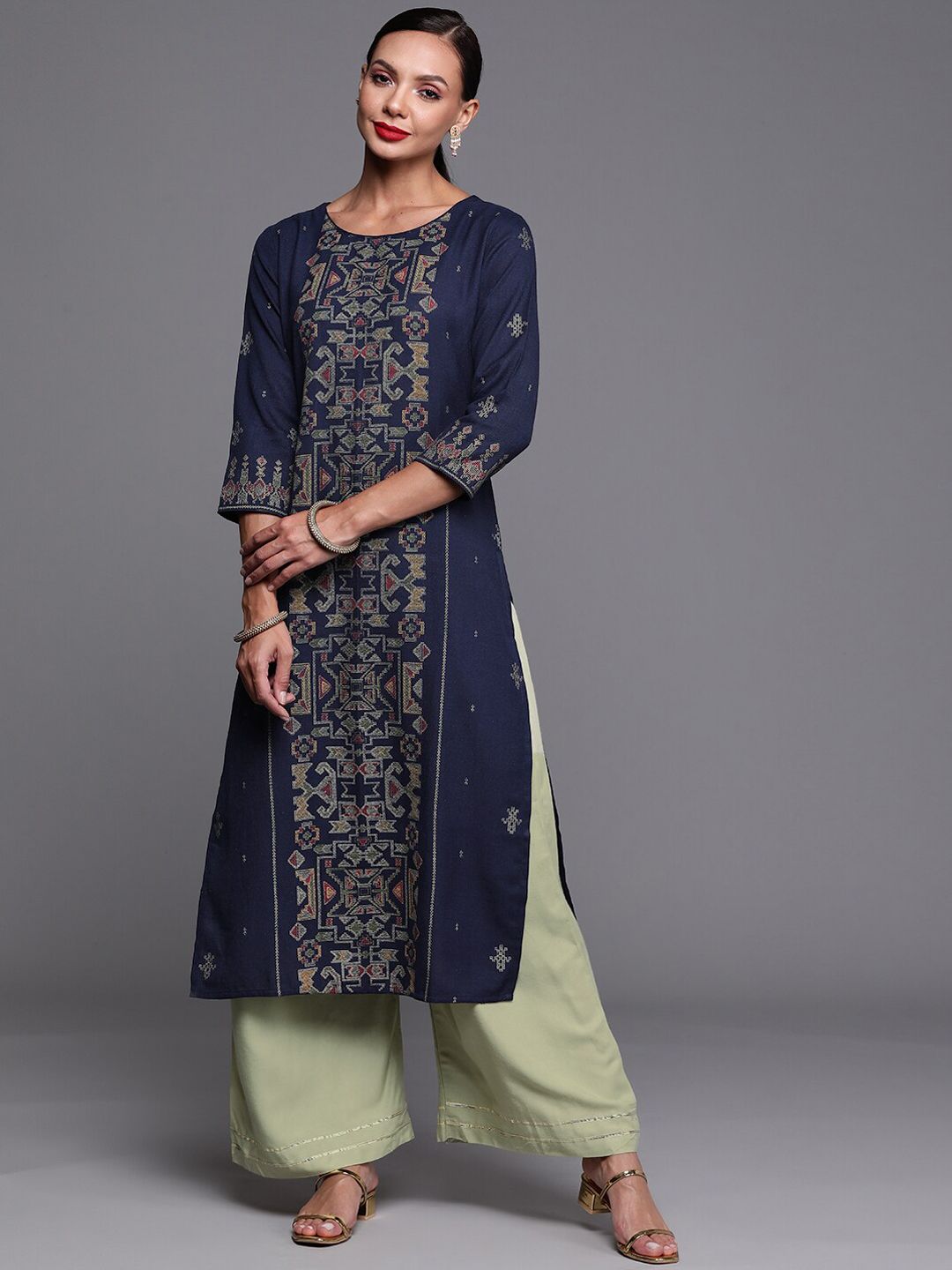Indyancart IE Women Ethnic Motifs Printed Straight Cotton Kurta