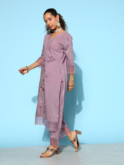 Indyancart VA Women's Mauve Floral Embroidered Thread Work Kurta With Trousers & Dupatta