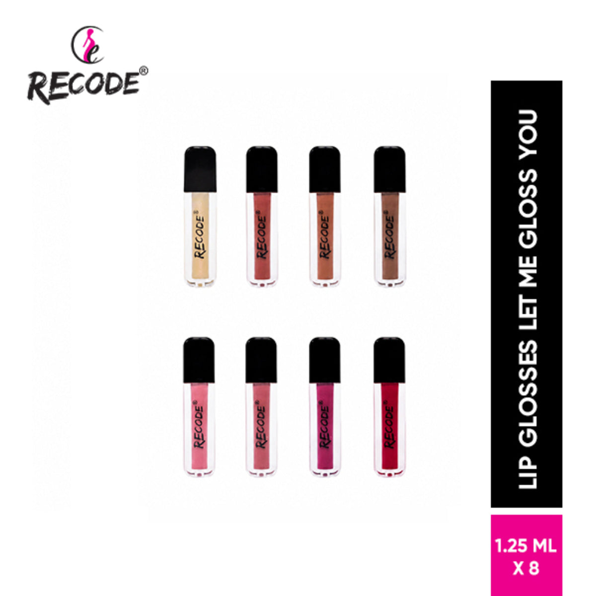 Recode Let Me Gloss You lip gloss set with 8 colorful tubes, showcasing shiny, smooth lip glosses in various shades.