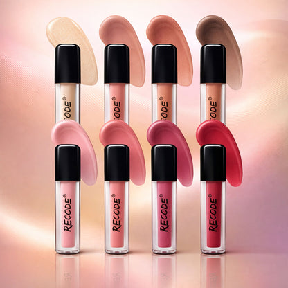Recode Let Me Gloss You lip gloss set with 8 shades, featuring glossy finishes and sleek packaging, displayed in a close-up image.