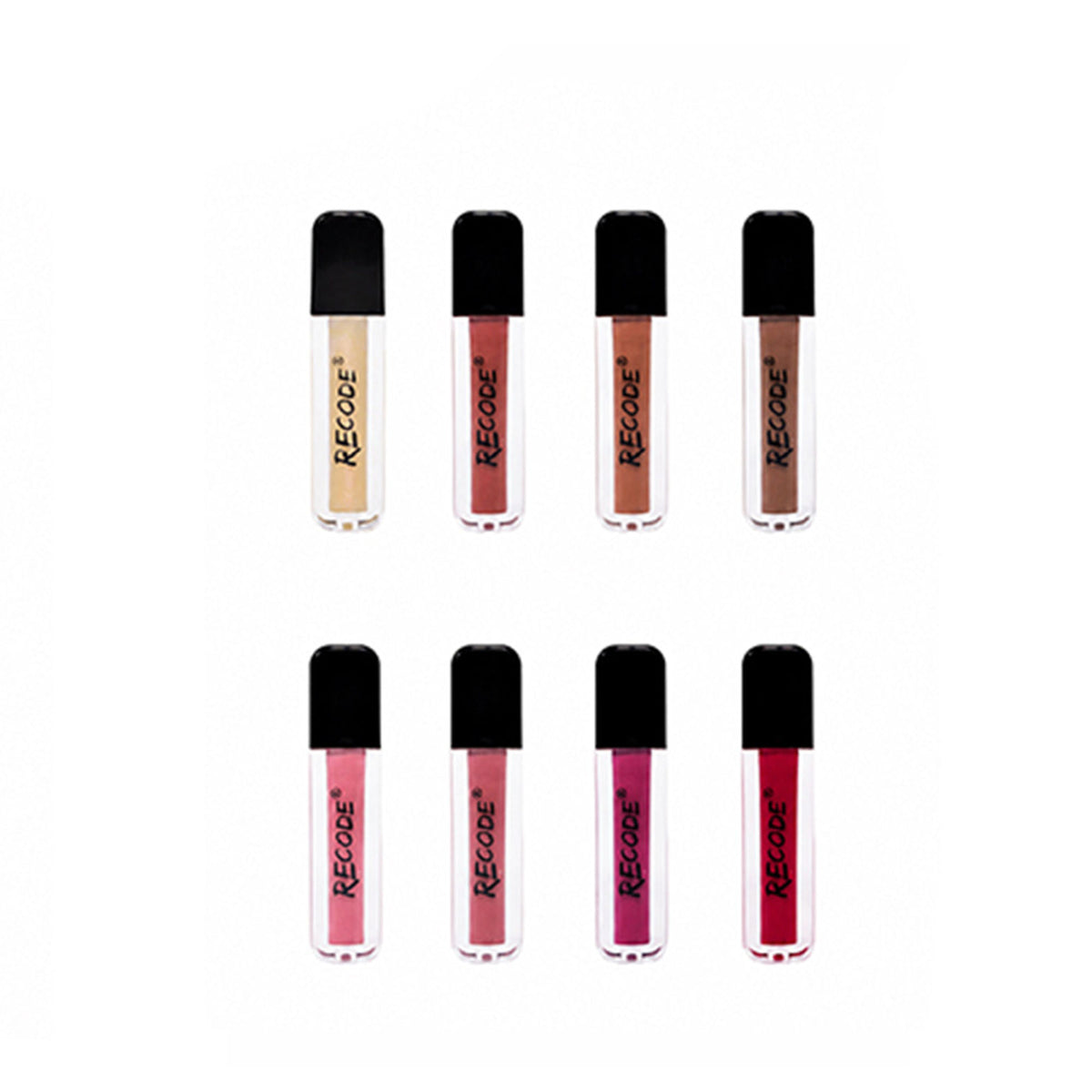 Recode Let Me Gloss You lip gloss set with 8 colorful tubes, featuring glossy finishes and clear packaging.