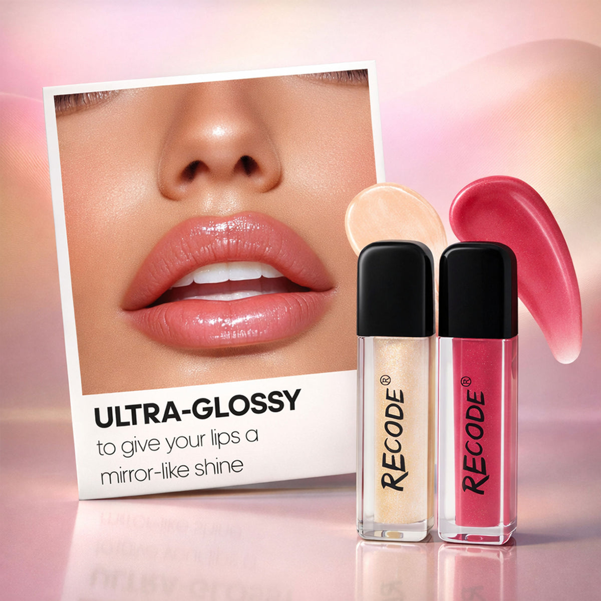 Set of 8 Recode Let Me Gloss You lip glosses in various shades, featuring shiny, smooth finishes and transparent packaging.