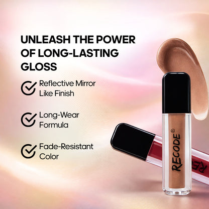 Recode Let Me Gloss You lip gloss set of 8 with shiny, tinted glosses in clear and colored shades, displayed in a row.