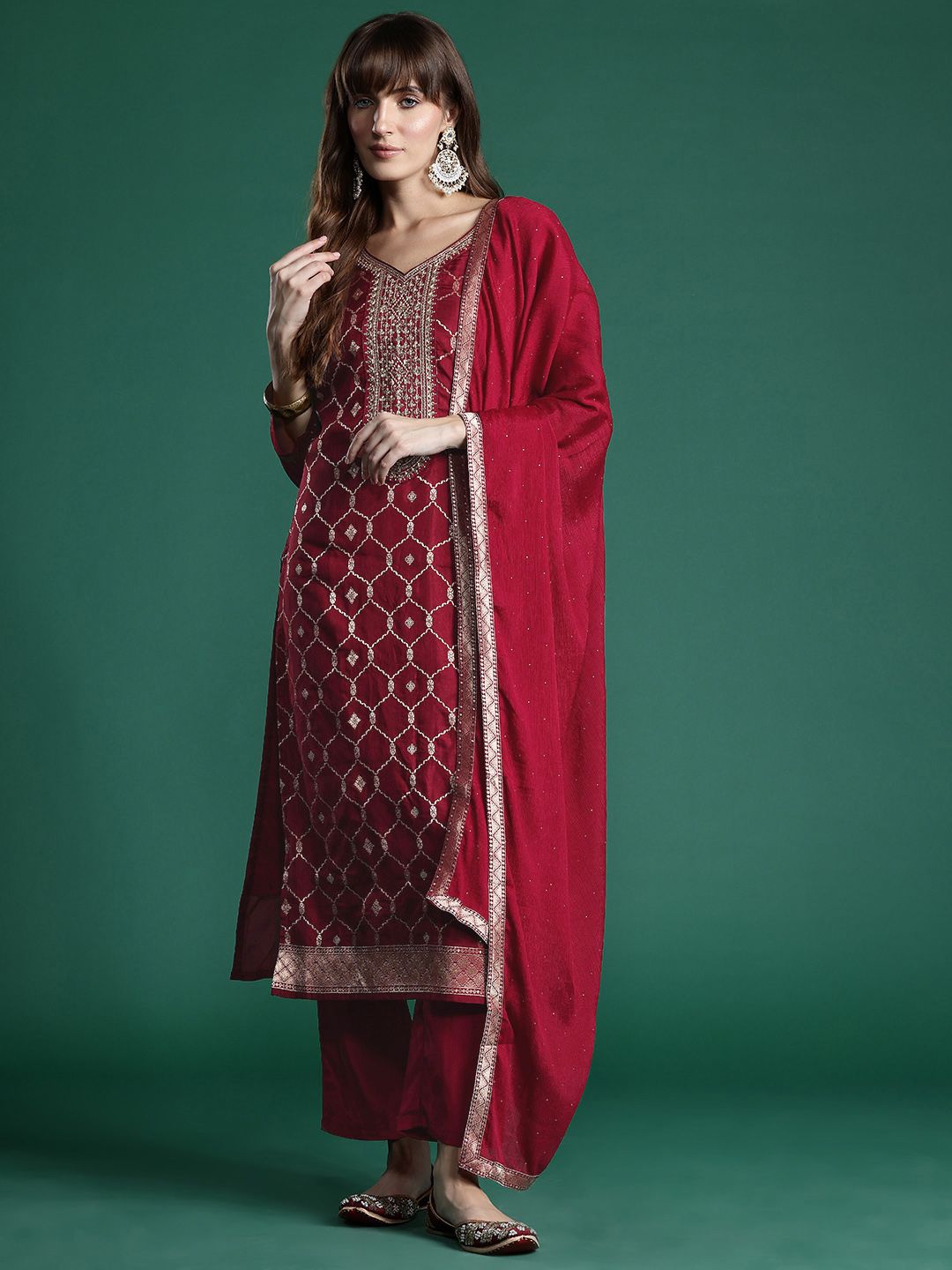 Indyancart IE Embroidered Jacquard Zari Kurta With Trousers & Dupatta