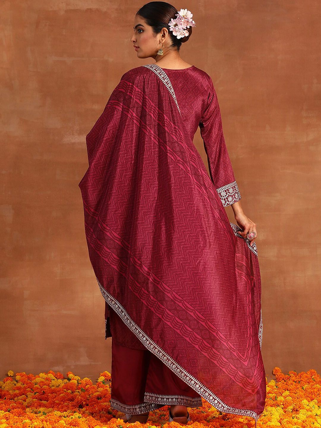 Indyancart IE Ethnic Motifs Printed Sequinned Detail Straight Kurta & Palazzos With Dupatta